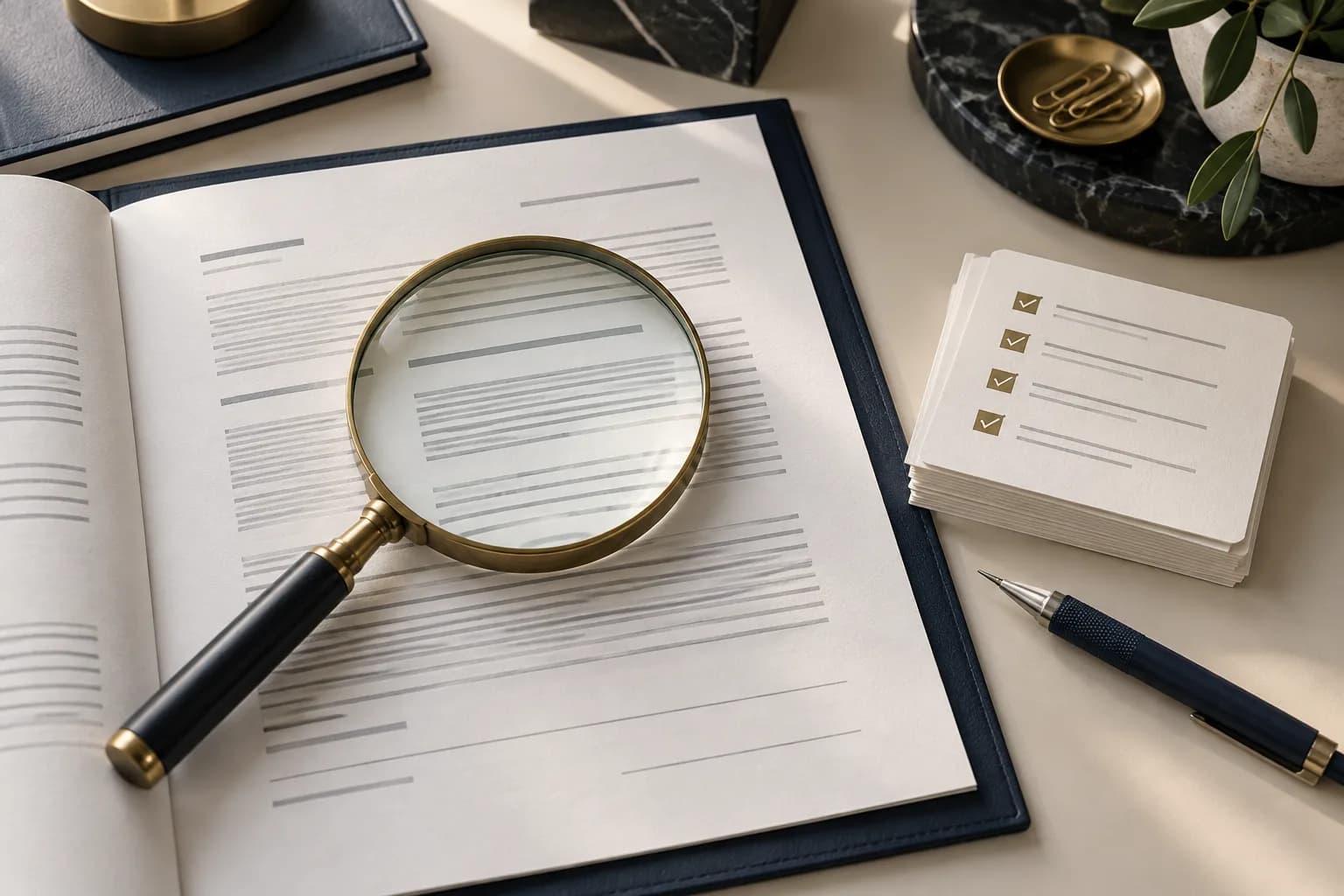 Magnifying glass over a contract beside index cards representing verified extracted information.