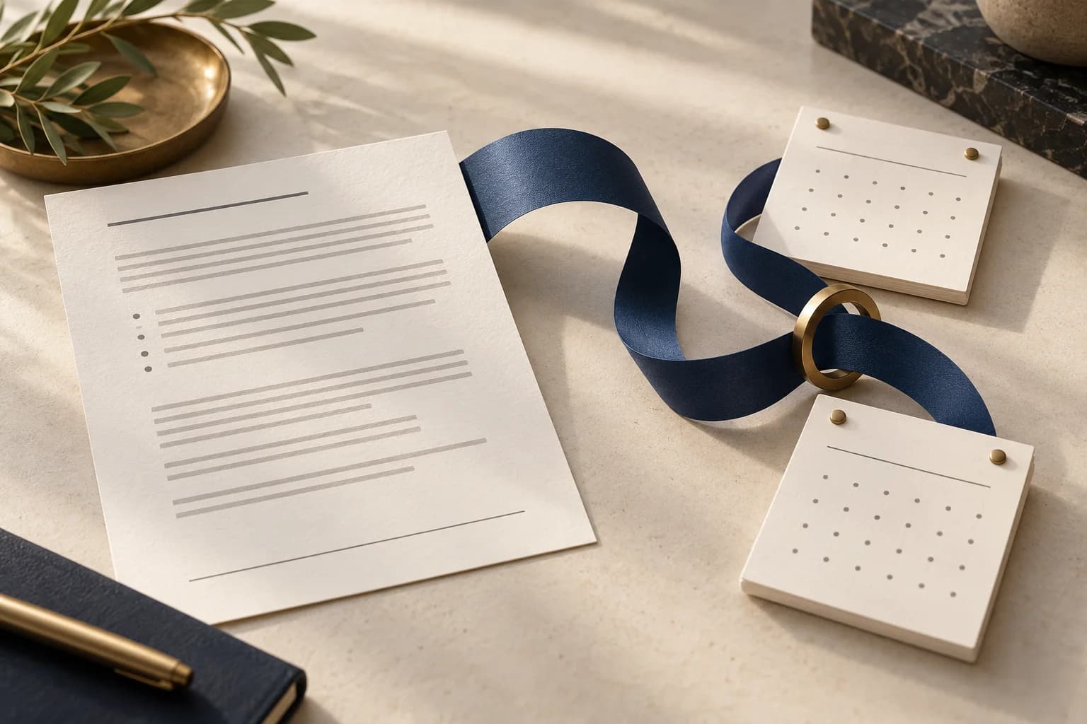 Looped paper path connecting a contract page with two marked calendar cards.