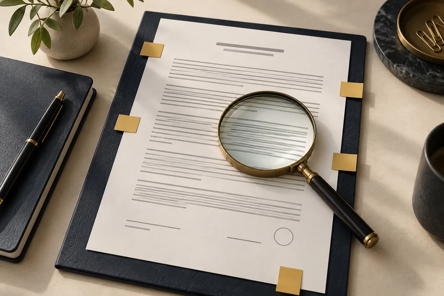 Contract page marked with amber tabs and a magnifying glass for reviewing renewal terms.