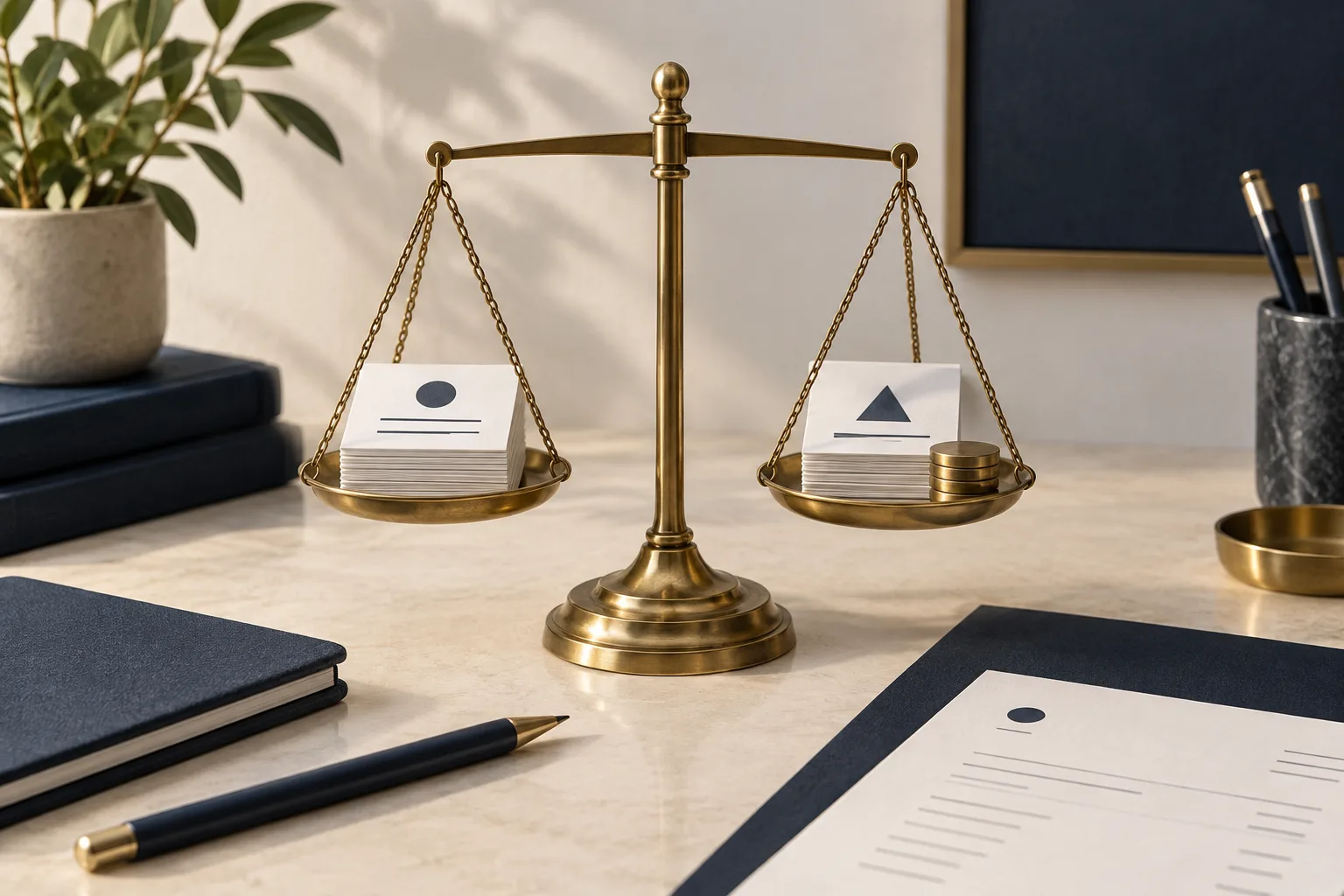 Brass balance scale weighing contract cards and unmarked discs representing vendor cost and value.