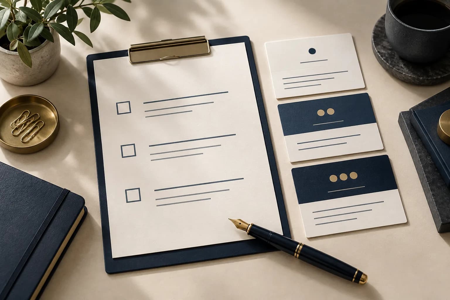 Renewal checklist beside three proposal cards and a fountain pen.