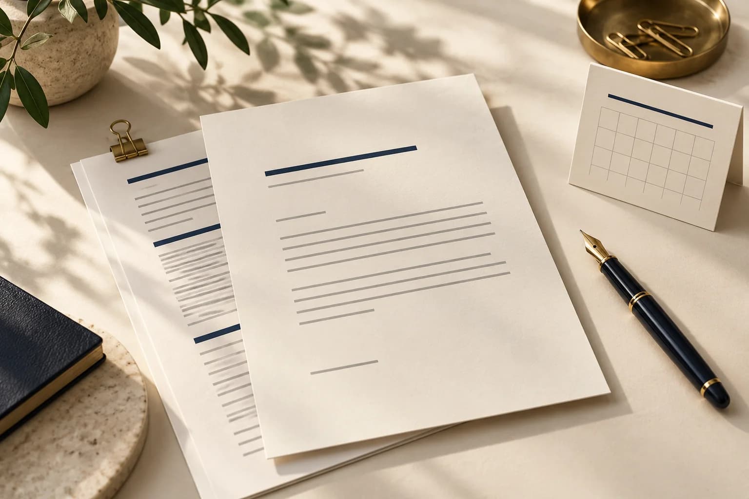 Formal notice letter beside a contract, calendar card, and navy fountain pen.