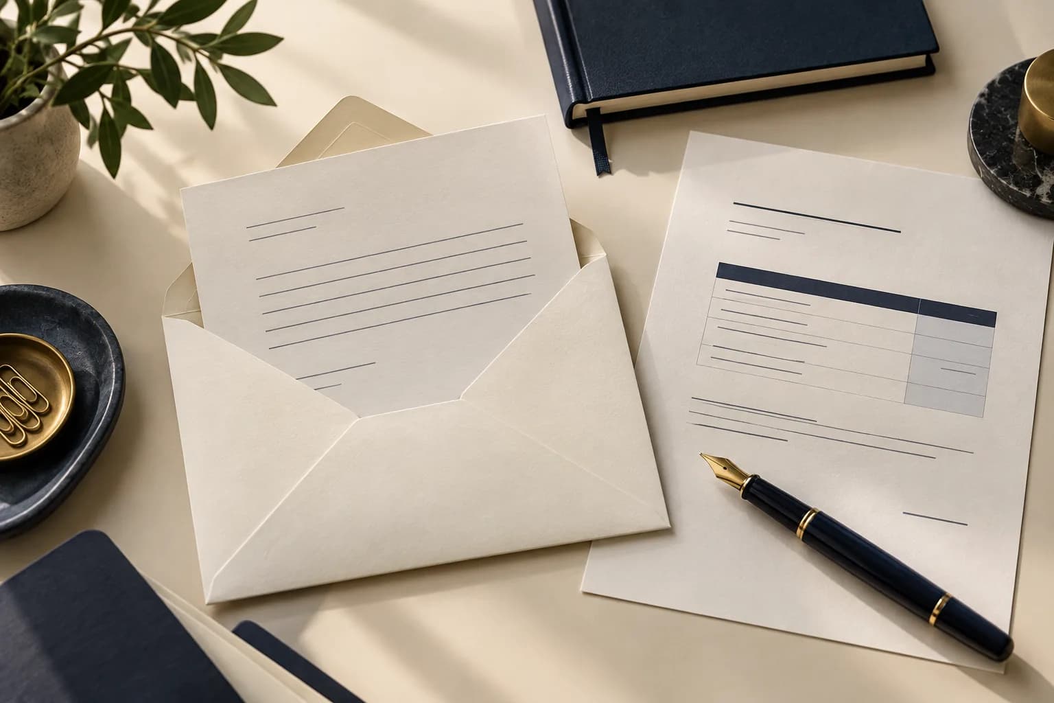 Business letter in an envelope beside a renewal quote and fountain pen.