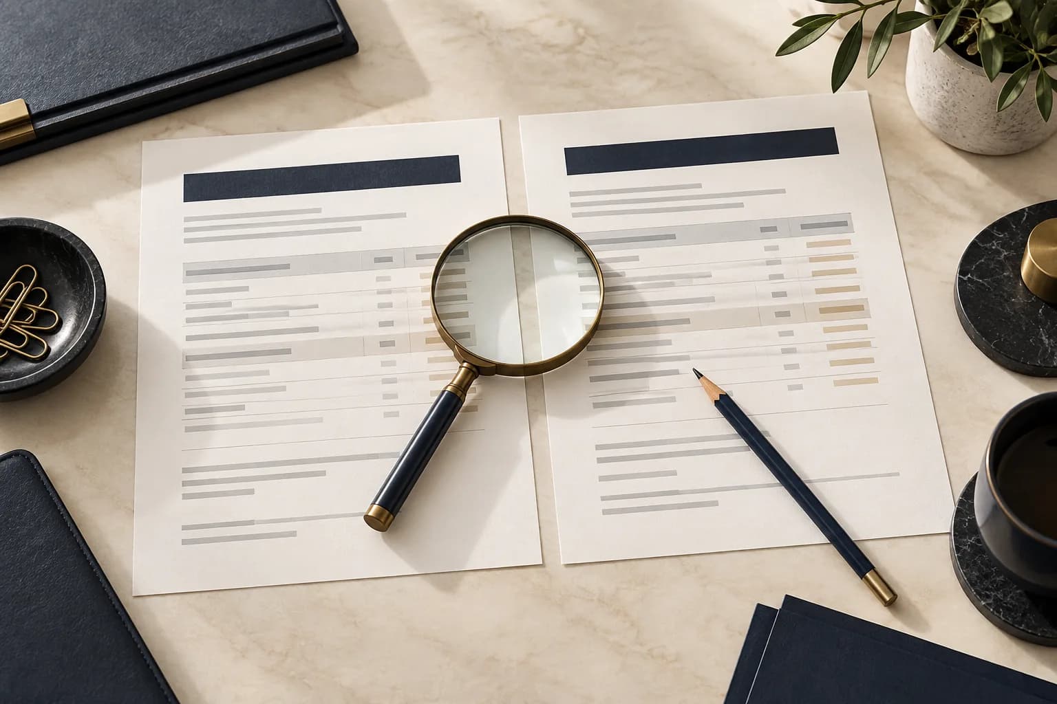Two contract sheets compared side by side with a magnifying glass and navy pencil.
