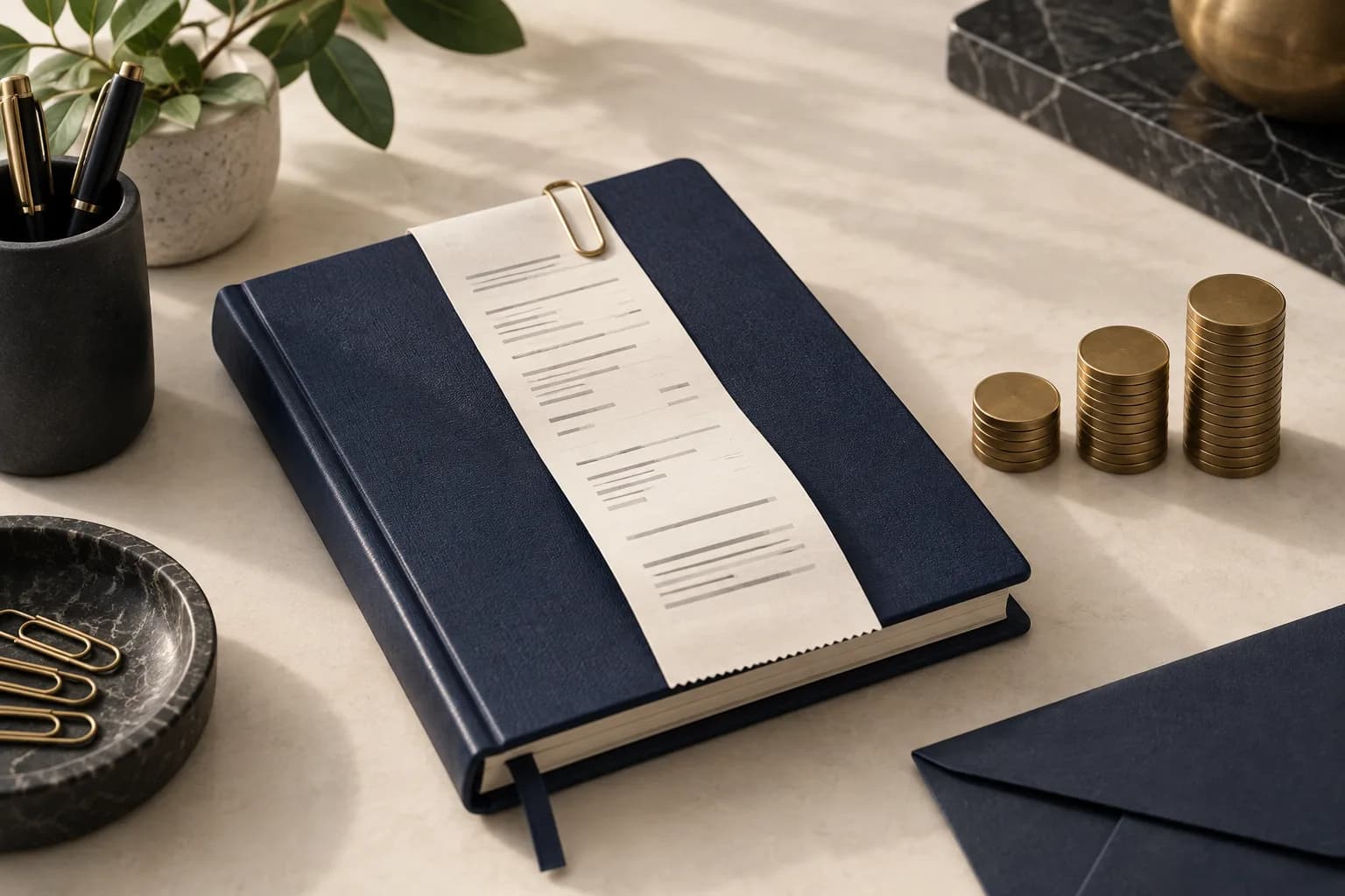 Receipt clipped to a navy ledger beside unmarked brass discs representing documented savings.