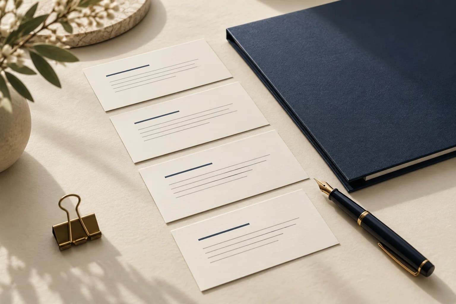 Stack of business correspondence cards arranged beside a contract folder and pen.
