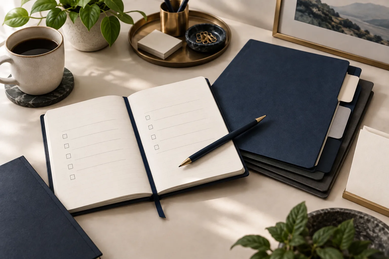 Open planning notebook and organised agreement folders on a small-business desk.