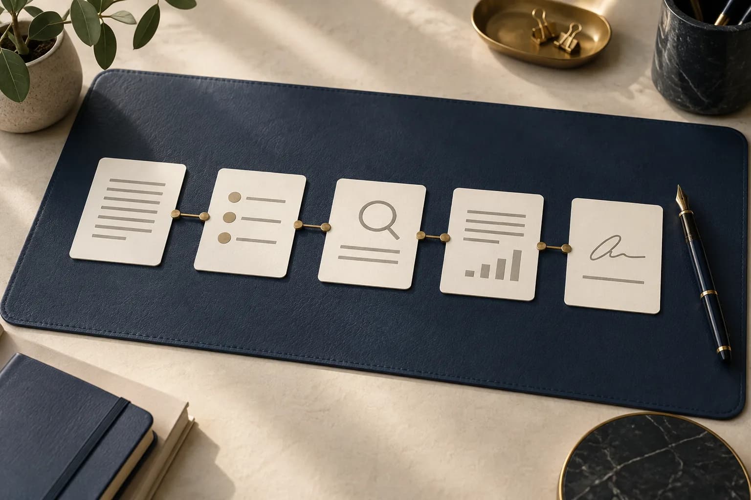 Five document cards connected in sequence to represent a contract review workflow.